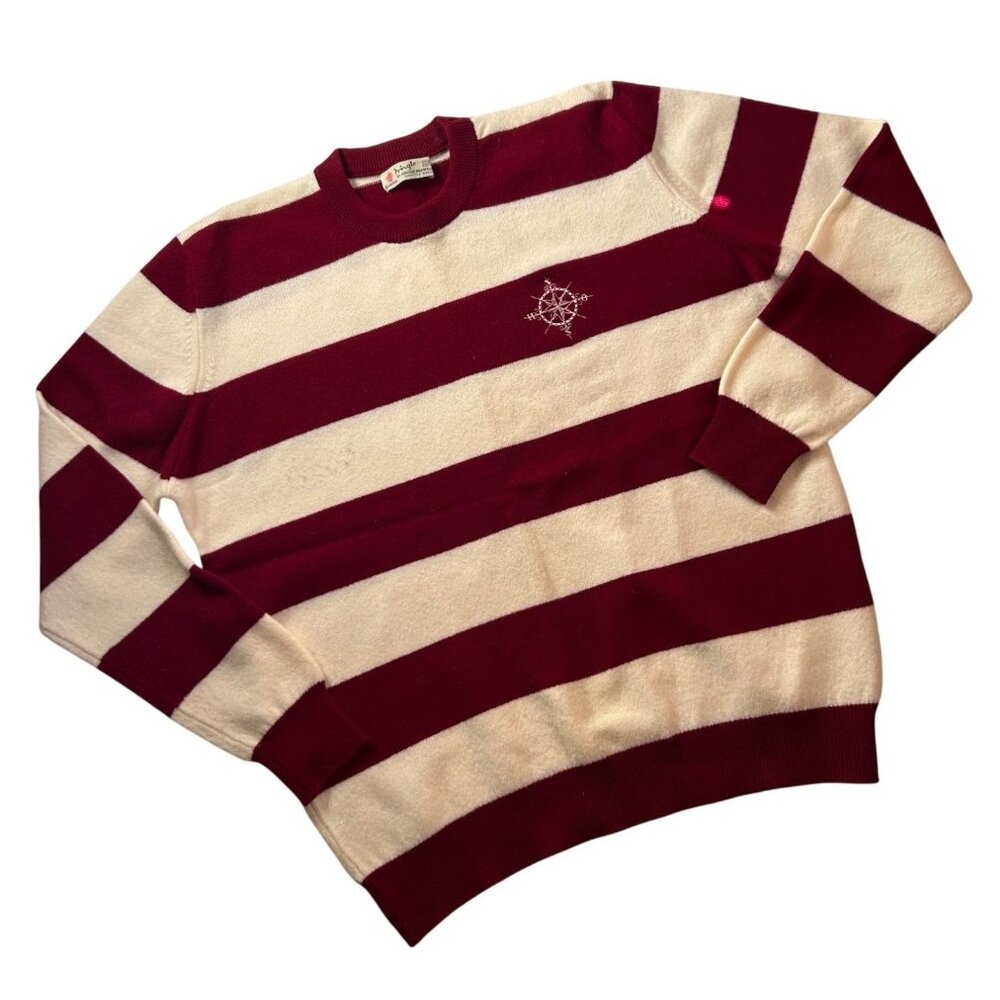 Vintage Pringle Wool Striped Sweater with compass Scottland Burgundy Ecru